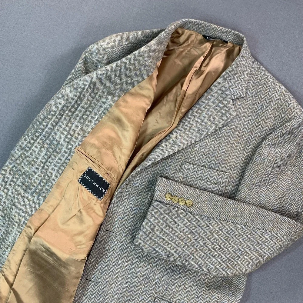 Southwick Blazer Mens 50R Beige Herringbone Wool Tweed Sport Coat‎ Made In USA